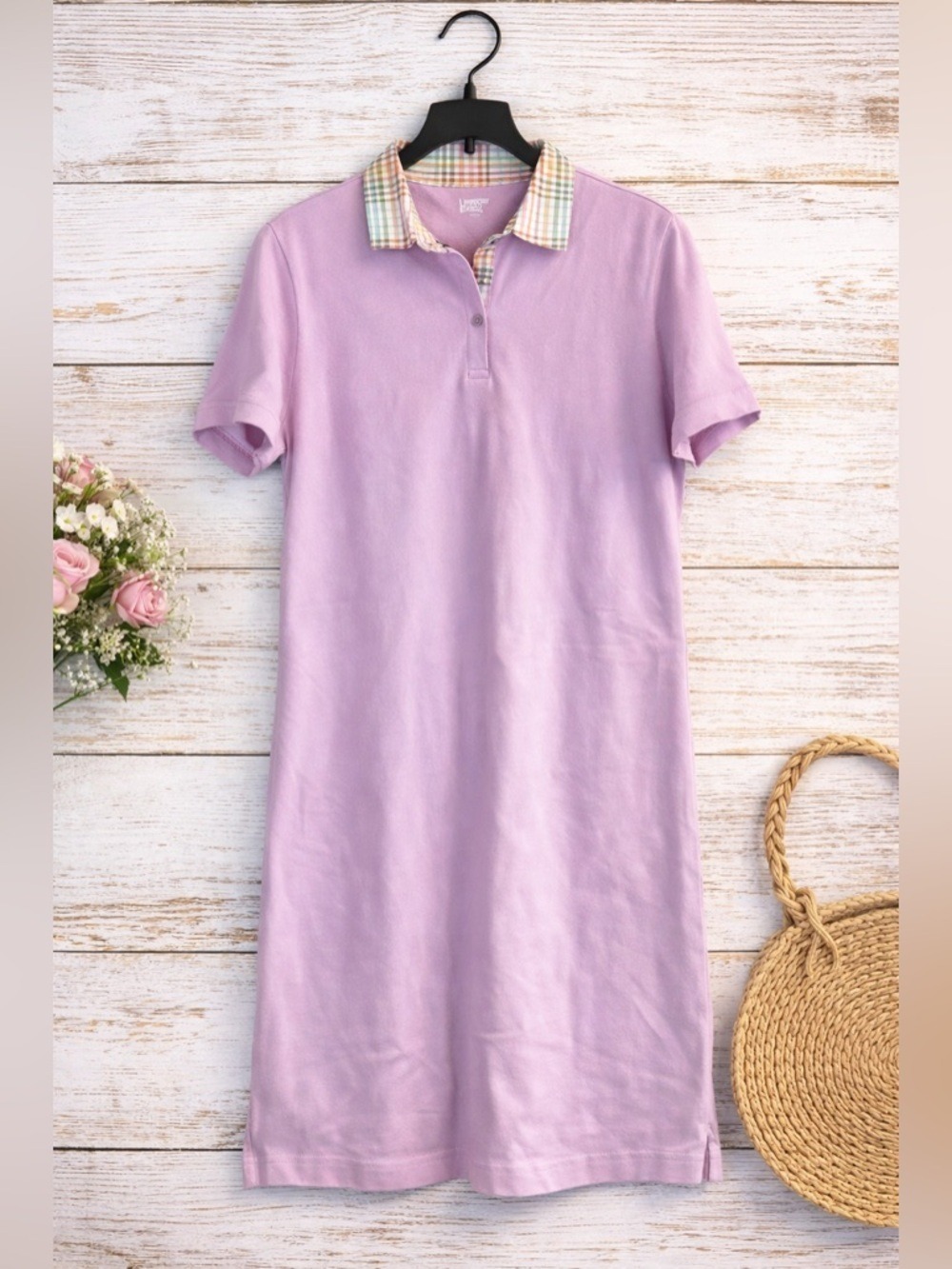 Lands End Lavender Polo Dress Plaid Collar Midi Casual Preppy Size M